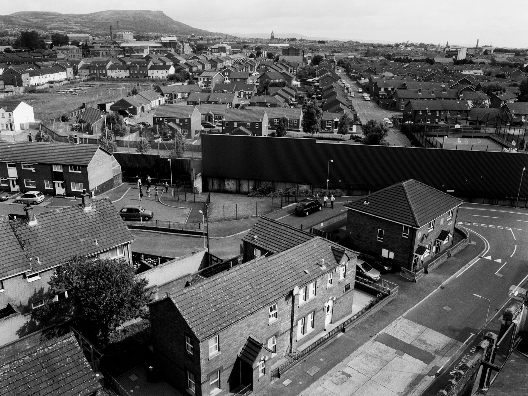 Aerial view from Clonard Monastery towards the Peace Wall and Shankill neighbourhood, Belfast.